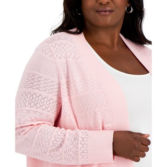 Karen Scott Plus Size 0X Baby Pink Pointelle Open-Front Cardigan NWT - Picture 2 of 6